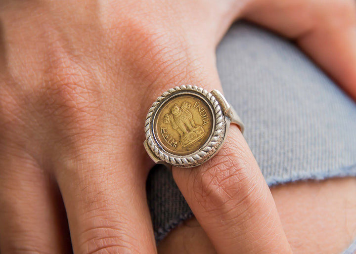 Indian Coin Ring - 1 Naya Paisa 4 Lion Coin Men's Ring RINGS 