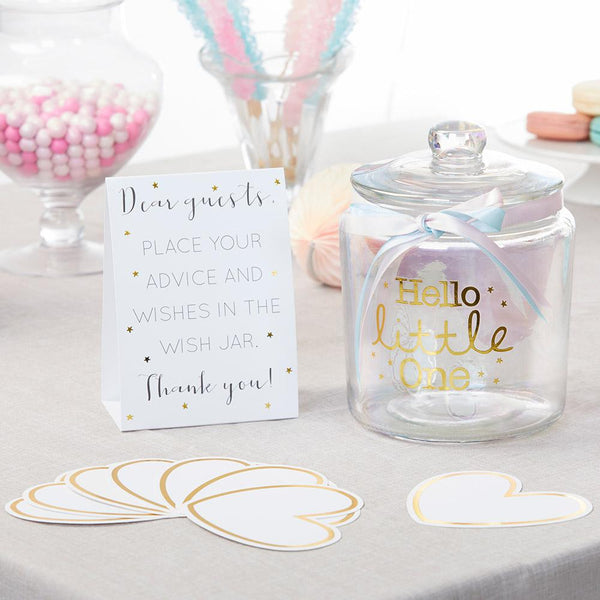 Iridescent Baby Shower Wish Jar with Heart Shaped Cards Iridescent Baby Shower Wish Jar with Heart Shaped Cards 