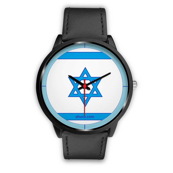 Israel Flag Hand Watch - Black Black Watch Mens 40mm Black Leather 
