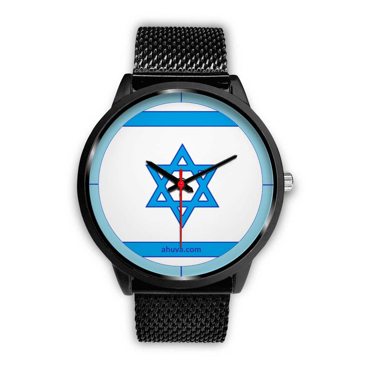 Israel Flag Hand Watch - Black Black Watch Mens 40mm Black Metal Mesh 