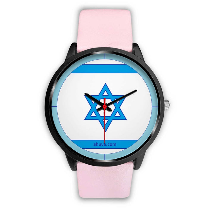 Israel Flag Hand Watch - Black Black Watch Mens 40mm Pink Leather 