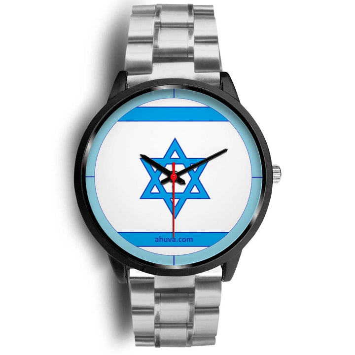 Israel Flag Hand Watch - Black Black Watch Mens 40mm Silver Metal Link 