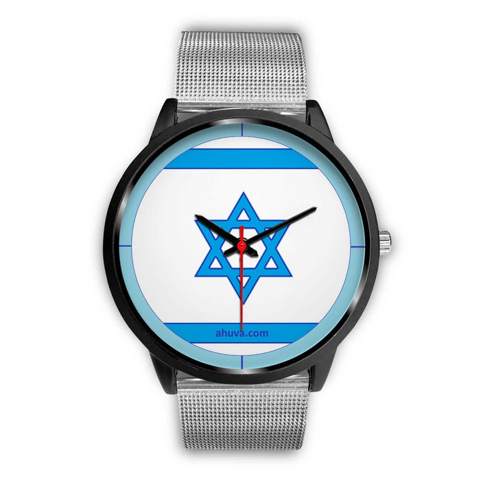 Israel Flag Hand Watch - Black Black Watch Mens 40mm Silver Metal Mesh 