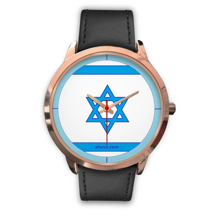 Israel Flag Hand Watch - Rose Gold Rose Gold Watch Mens 40mm Black Leather 