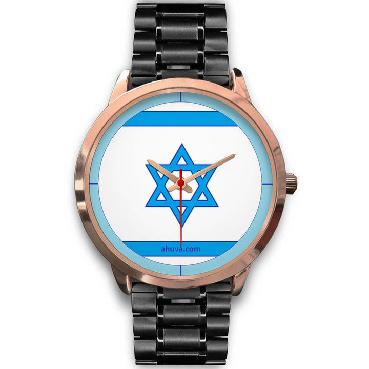 Israel Flag Hand Watch - Rose Gold Rose Gold Watch Mens 40mm Black Metal Link 
