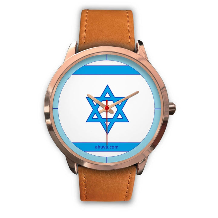 Israel Flag Hand Watch - Rose Gold Rose Gold Watch Mens 40mm Brown Leather 