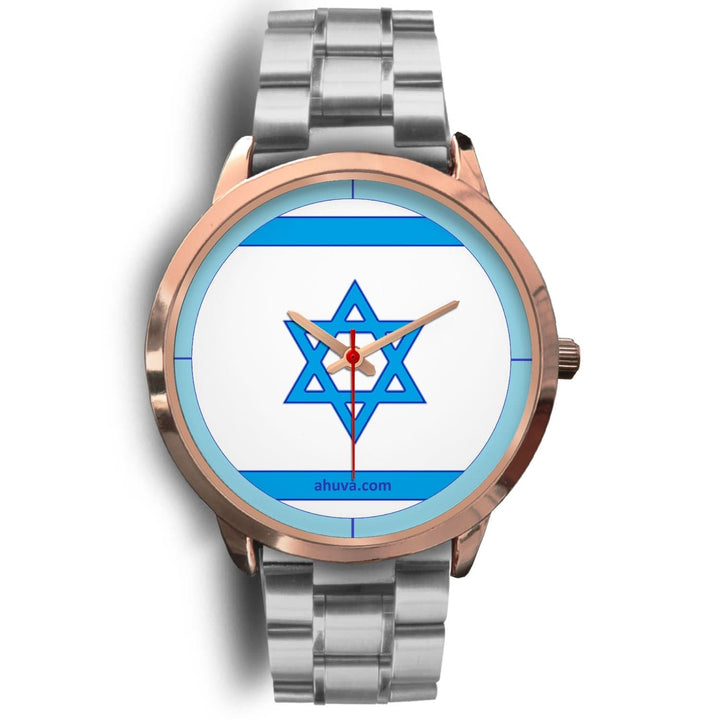 Israel Flag Hand Watch - Rose Gold Rose Gold Watch Mens 40mm Silver Metal Link 