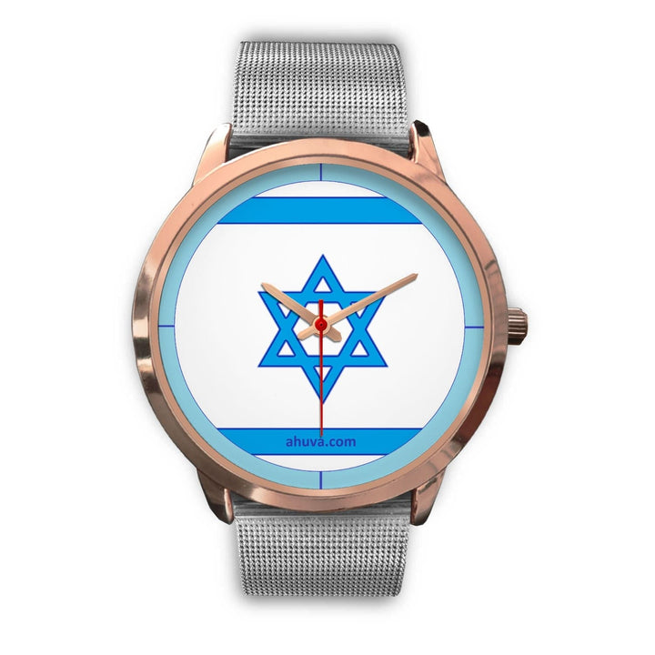 Israel Flag Hand Watch - Rose Gold Rose Gold Watch Mens 40mm Silver Metal Mesh 