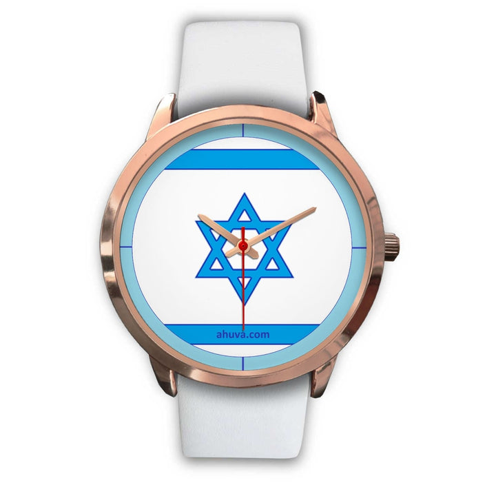 Israel Flag Hand Watch - Rose Gold Rose Gold Watch Mens 40mm White Leather 