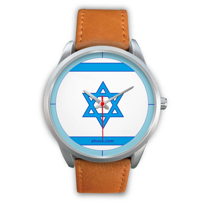 Israel Flag Hand Watch - Silver Silver Watch Mens 40mm Brown Leather 