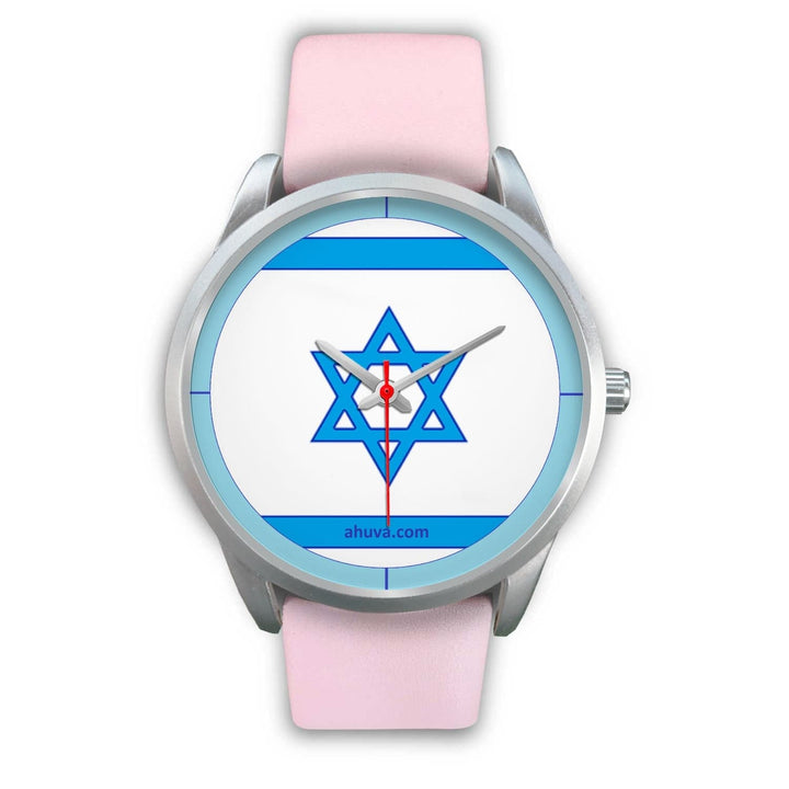 Israel Flag Hand Watch - Silver Silver Watch Mens 40mm Pink Leather 
