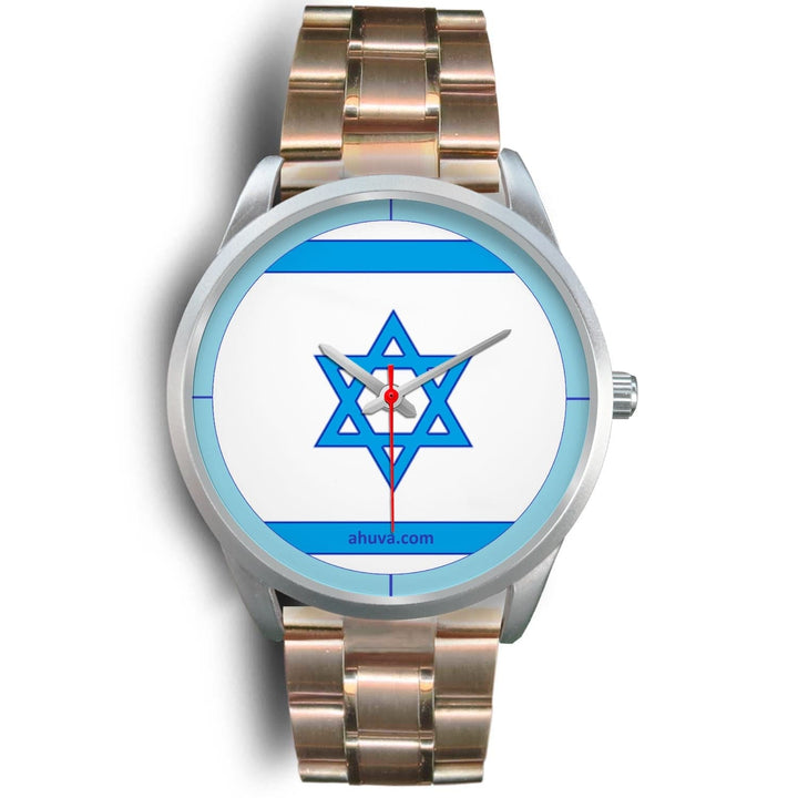 Israel Flag Hand Watch - Silver Silver Watch Mens 40mm Rose Gold Metal Link 