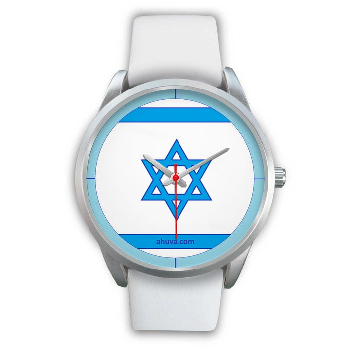 Israel Flag Hand Watch - Silver Silver Watch Mens 40mm White Leather 