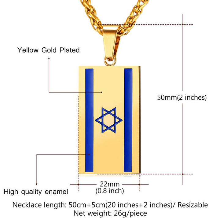 Israel Flag Necklace Gold Plated Stainless Steel Pendant & Chain jewelry 