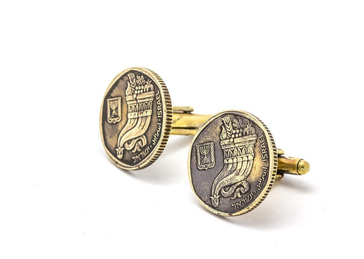 Israeli Coin cufflinks of 5 Israeli Sheqelim with Cornucopia cufflinks 