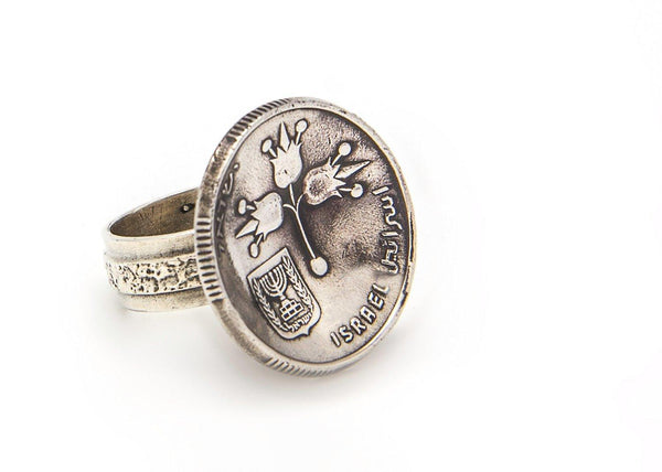 Israeli Lira 1 Pound Old Collector's Coin Ring - Silver Coin of Israel Ring 