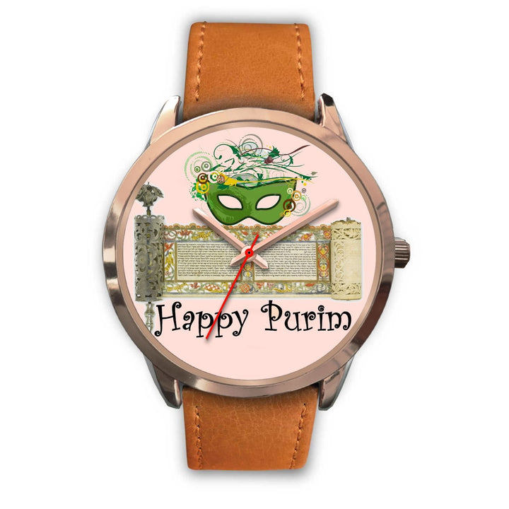 Jewish Purim Gift Watch Rose Gold Purim Timepiece Rose Gold Watch Mens 40mm Brown Leather 