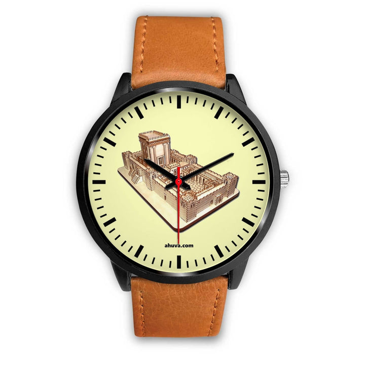 Jewish Solomon Temple Wristwatch - Black Black Watch Mens 40mm Brown Leather 