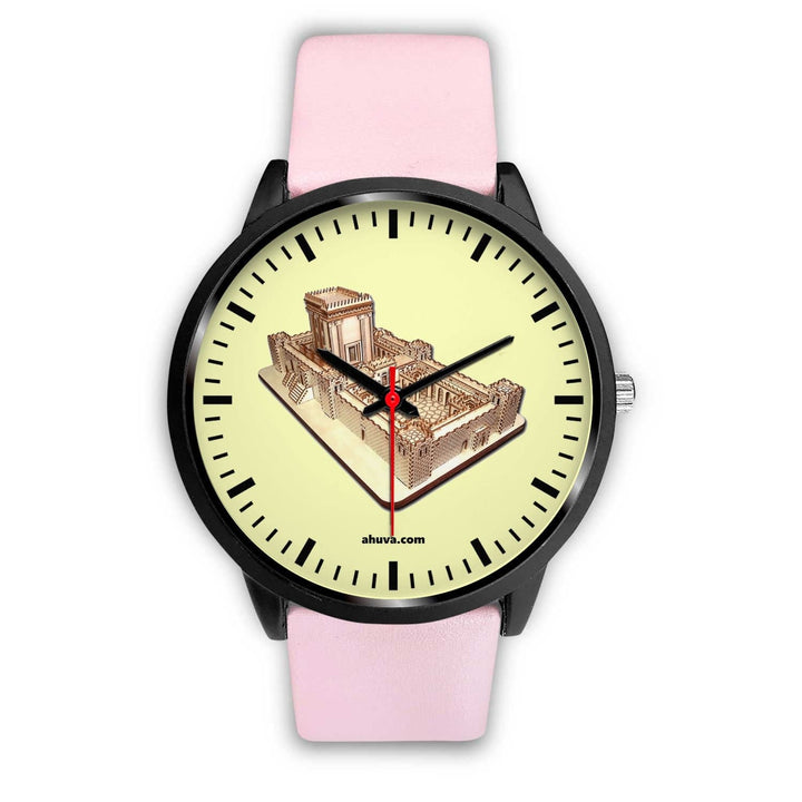 Jewish Solomon Temple Wristwatch - Black Black Watch Mens 40mm Pink Leather 