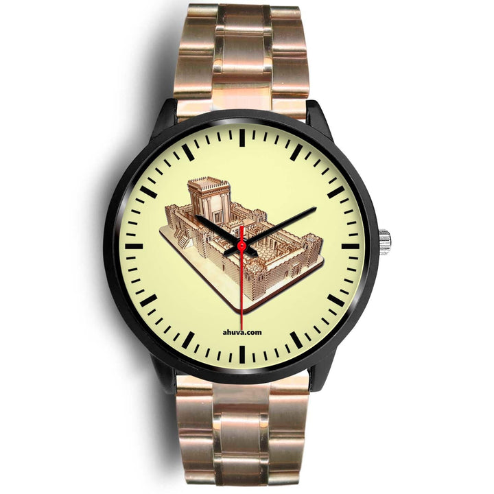 Jewish Solomon Temple Wristwatch - Black Black Watch Mens 40mm Rose Gold Metal Link 