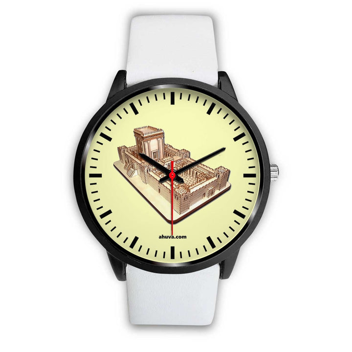 Jewish Solomon Temple Wristwatch - Black Black Watch Mens 40mm White Leather 