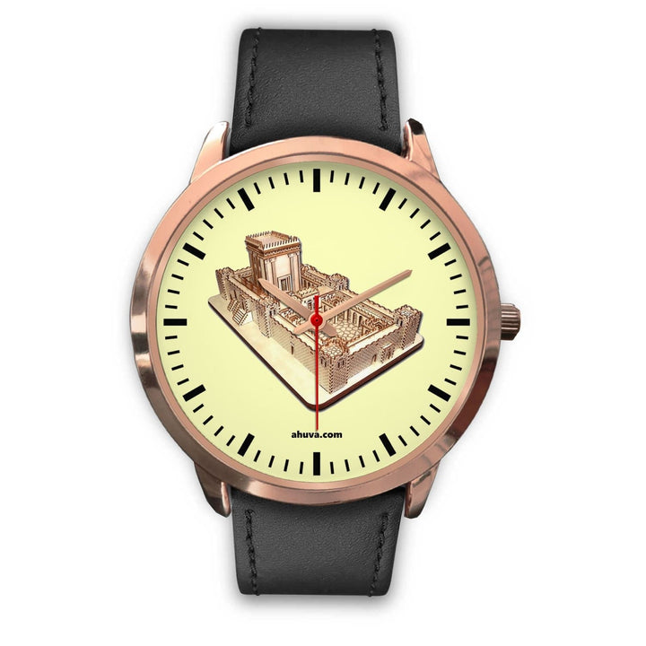 Jewish Solomon Temple Wristwatch - Rose Gold Rose Gold Watch Mens 40mm Black Leather 