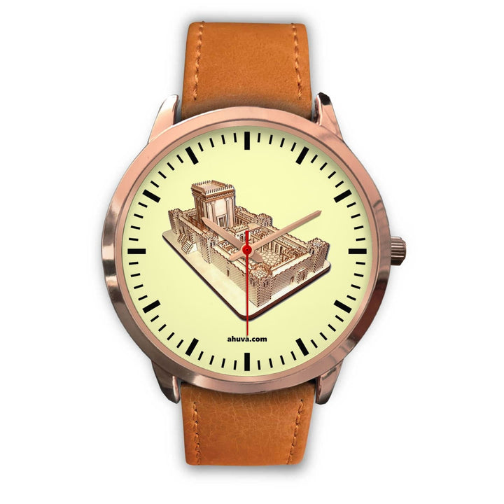 Jewish Solomon Temple Wristwatch - Rose Gold Rose Gold Watch Mens 40mm Brown Leather 