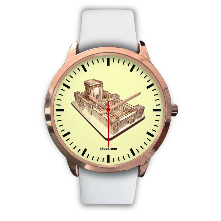 Jewish Solomon Temple Wristwatch - Rose Gold Rose Gold Watch Mens 40mm White Leather 