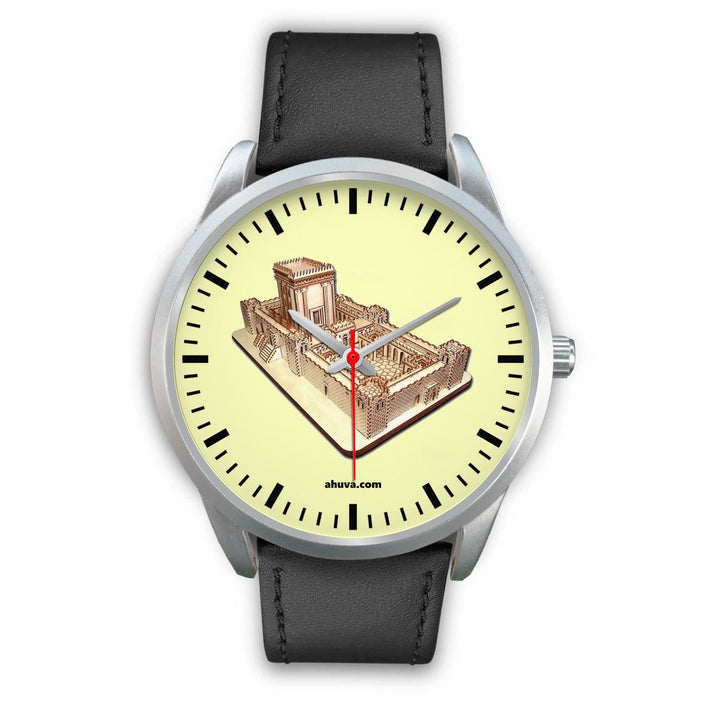 Jewish Solomon Temple Wristwatch - Silver Silver Watch Mens 40mm Black Leather 