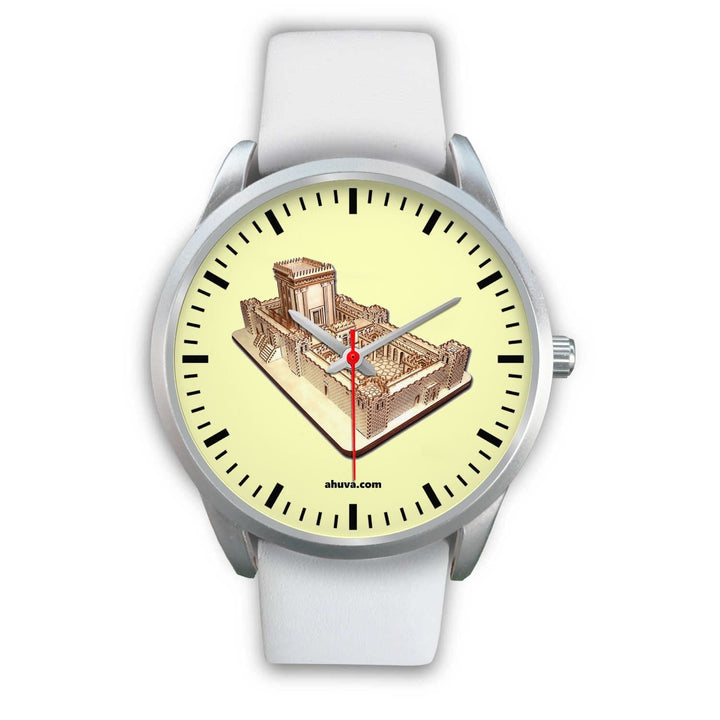Jewish Solomon Temple Wristwatch - Silver Silver Watch Mens 40mm White Leather 