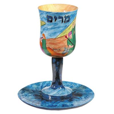 Kiddush Cup + Plate - Hand Painted on Wood - Miriam`s Cup 