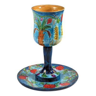 Kiddush Cup + Plate - Hand Painted on Wood - Seven Species 