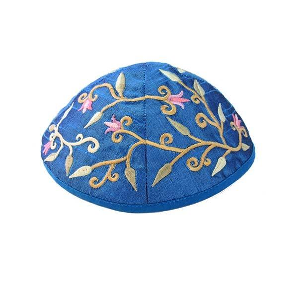 Kippah - Embroidered - Flowers - Blue 