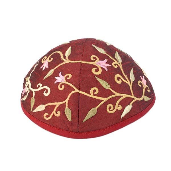 Kippah - Embroidered - Flowers - Maroon 