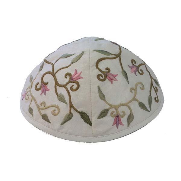 Kippah - Embroidered - Flowers - White 