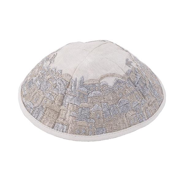 Kippah - Embroidered - Full Jerusalem- silver 
