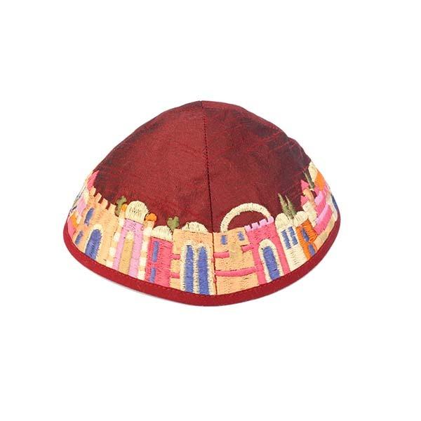 Kippah - Embroidered - Jerusalem - Maroon 