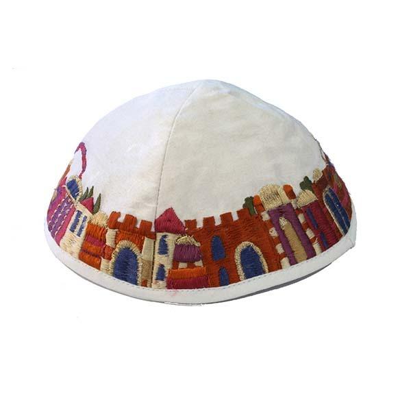 Kippah - Embroidered - Jerusalem - White 