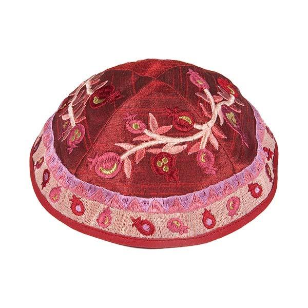 Kippah - Embroidered - Pomegranates - Maroon 