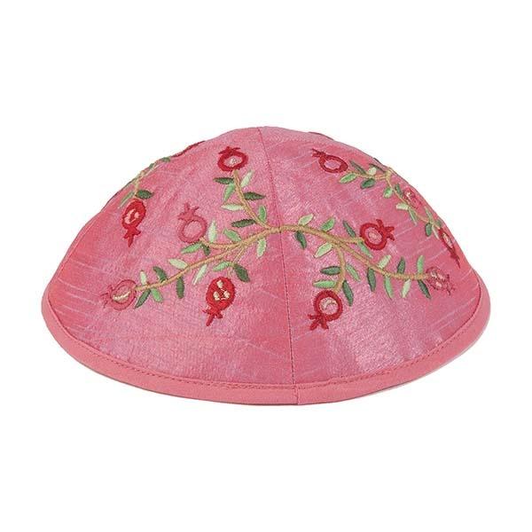 Kippah - Embroidered - Pomegranates -Pink 