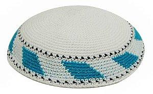 Knit Kippot - White with Teal/Turquoise 