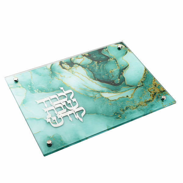Teal Marble Challah Board with Silver Metal Plate 11x15"-0