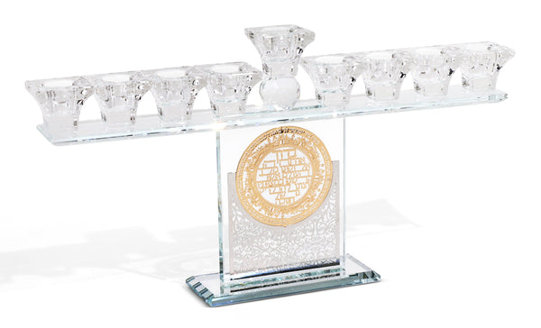 Crystal Menorah with Silver & Gold Blessing Plates-0
