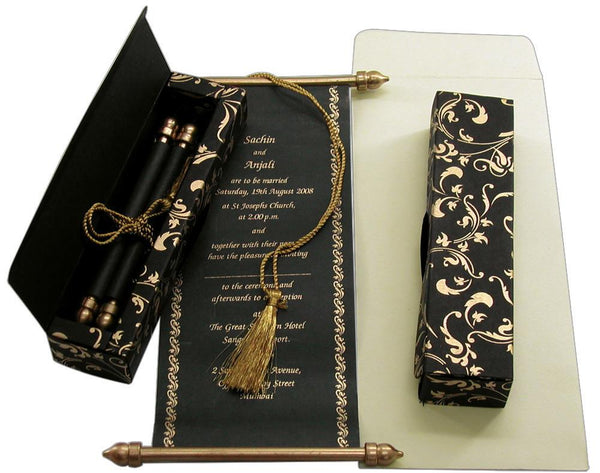 Laced, Bowed & Boxed Scroll Invitations 3.75 x 8.5" Colors Black/Gold 