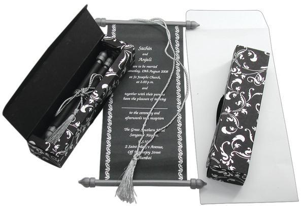 Laced, Bowed & Boxed Scroll Invitations 3.75 x 8.5" Colors Black/Silver 