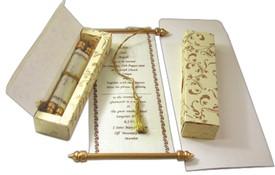 Laced, Bowed & Boxed Scroll Invitations 3.75 x 8.5" Colors Cream / Gold 