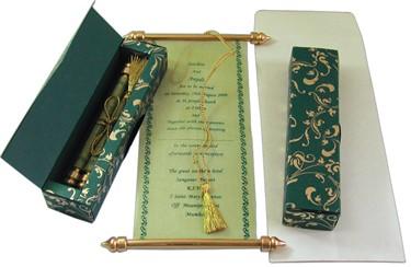 Laced, Bowed & Boxed Scroll Invitations 3.75 x 8.5" Colors Dark Green 