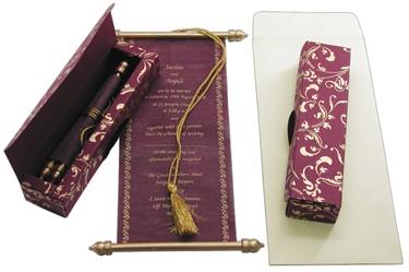 Laced, Bowed & Boxed Scroll Invitations 3.75 x 8.5" Colors Maroon 