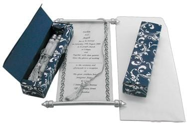 Laced, Bowed & Boxed Scroll Invitations 3.75 x 8.5" Colors Navy 