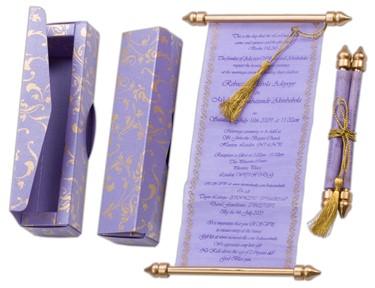 Laced, Bowed & Boxed Scroll Invitations 3.75 x 8.5" Colors Translucent Purple 